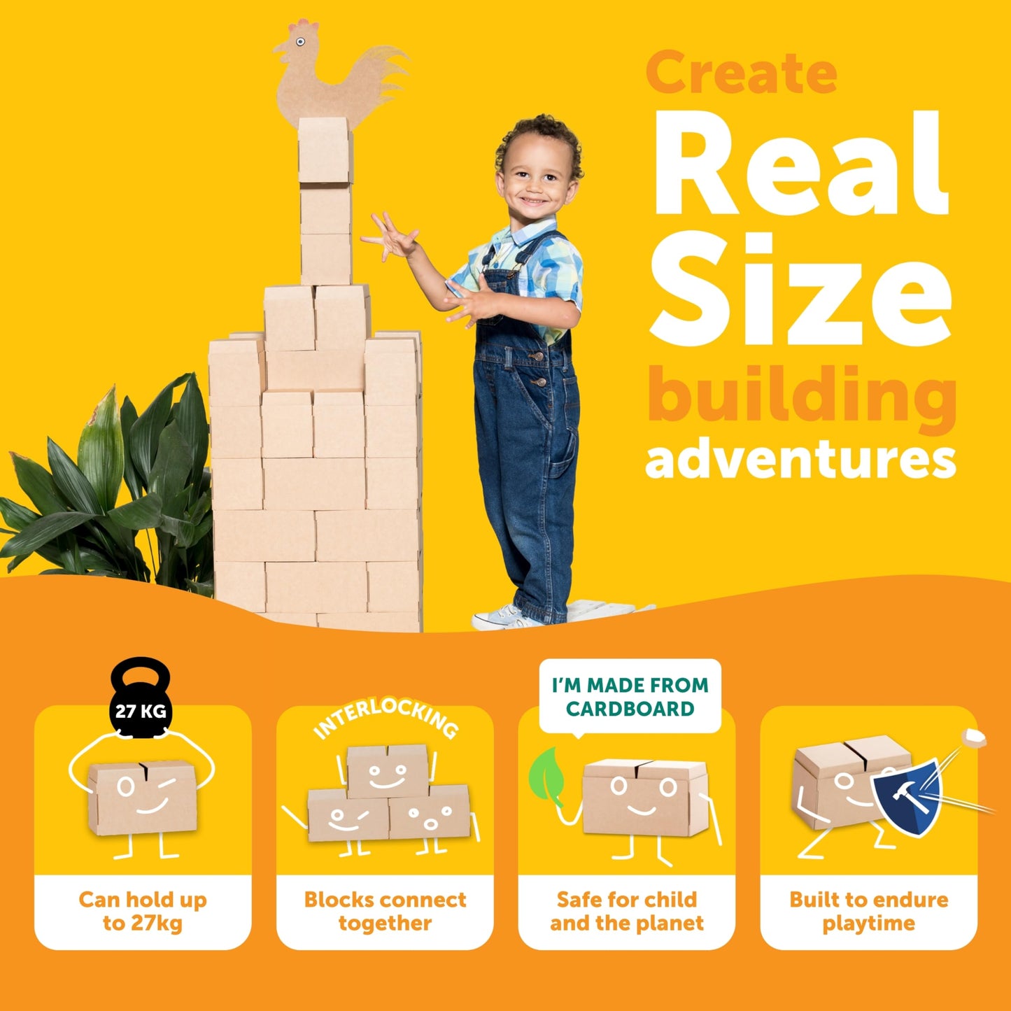 GIGI BLOKS 200 XXL Natural Cardboard Building Blocks for Kids